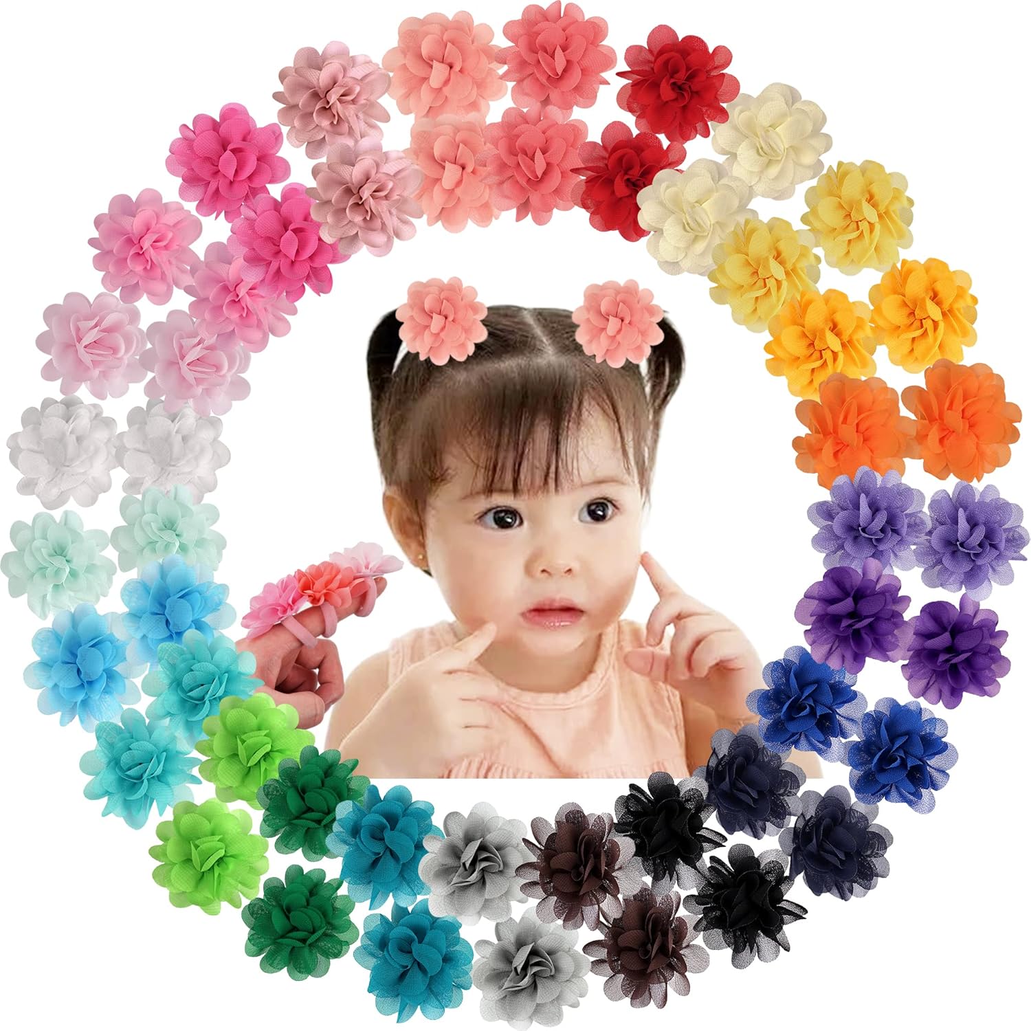 BBGifts 50 pieces chiffon flower hair ties front view set