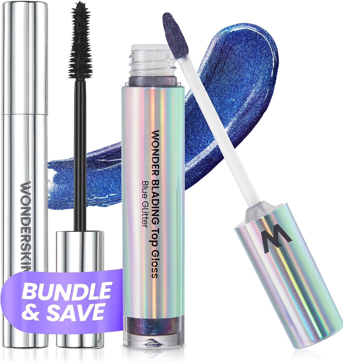 Wonderskin Top Gloss Blue Glitter and Mascara Set front packaging view showing holographic lip gloss tube and black mascara bottle.