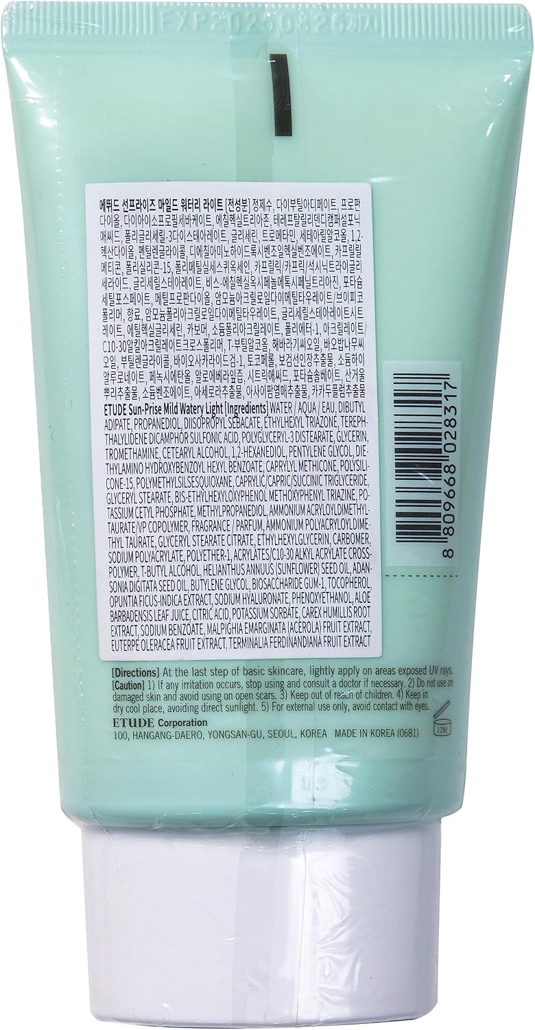 ETUDE Sunprise Mild Watery Light SPF50 sunblock packaging showing authentic Korean skincare design