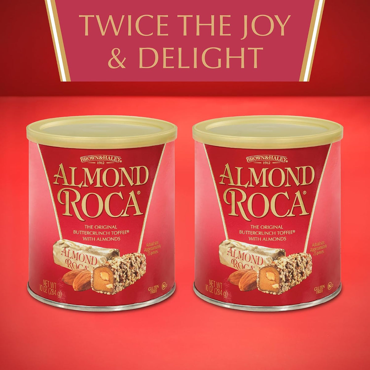 Side angle of the Brown and Haley Almond Roca two pack premium USA imported chocolate candy.
