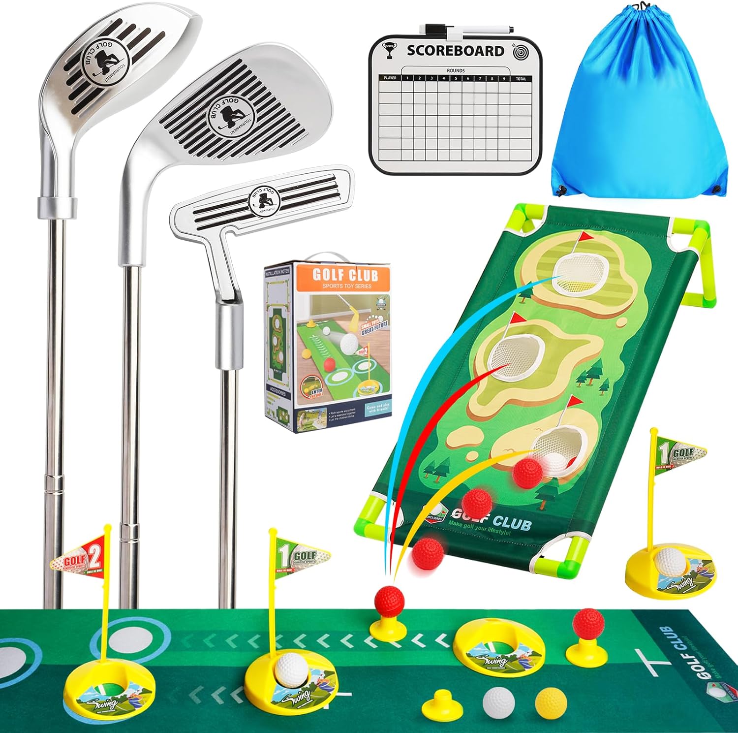 Scwdau Upgraded Toddler Golf Clubs Set front view with all accessories