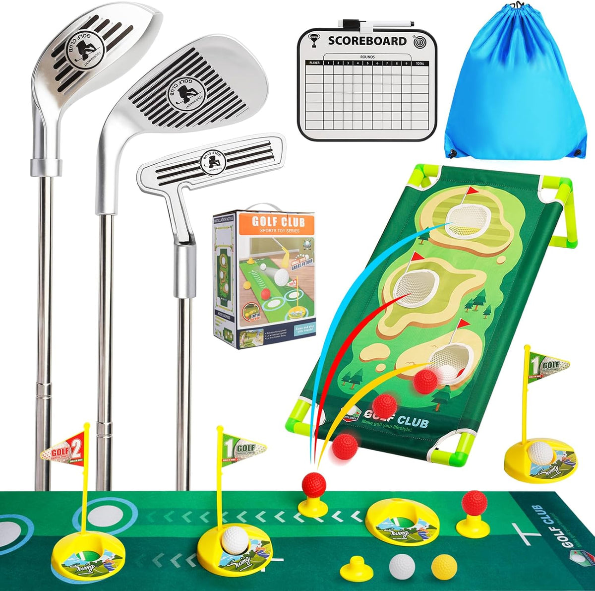 Scwdau Upgraded Toddler Golf Clubs Set front view with all accessories