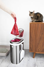 Eco friendly pet waste sacks made with recycled materials back packaging view.