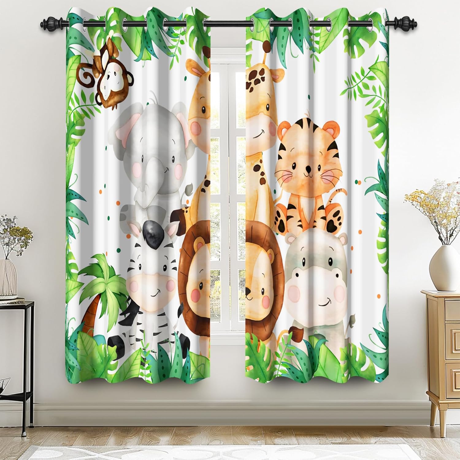 Renaiss safari animal kids blackout curtains front view showing vibrant jungle lion elephant print panels