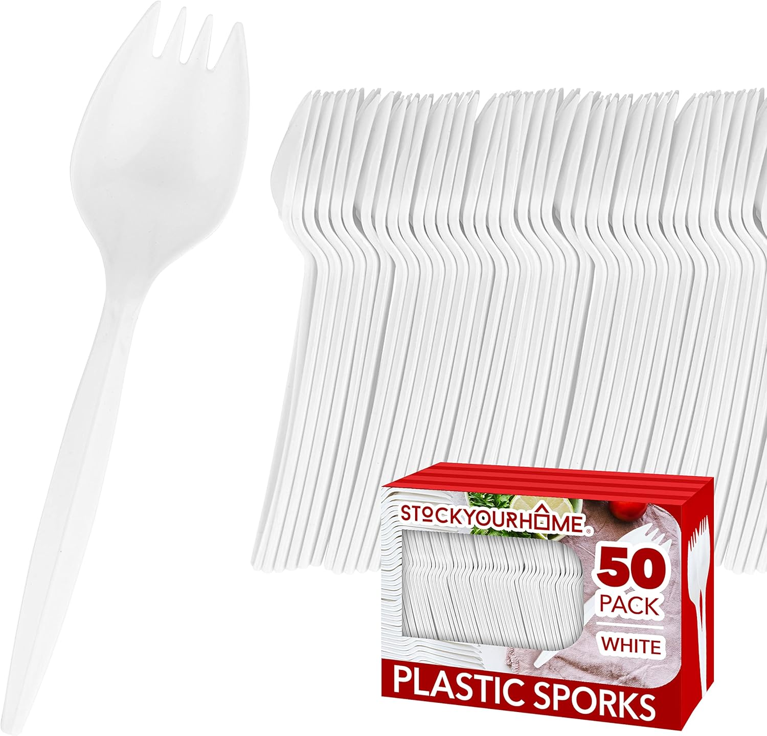 Stock Your Home disposable white plastic sporks front view pack of fifty premium utensils.
