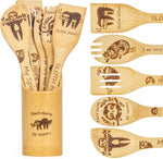 LBCIGOR sloth bamboo cooking spoons front view with holder