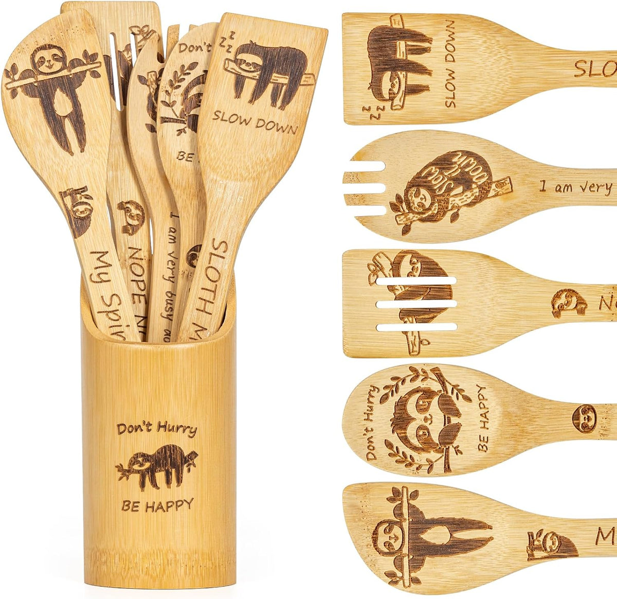 LBCIGOR sloth bamboo cooking spoons front view with holder