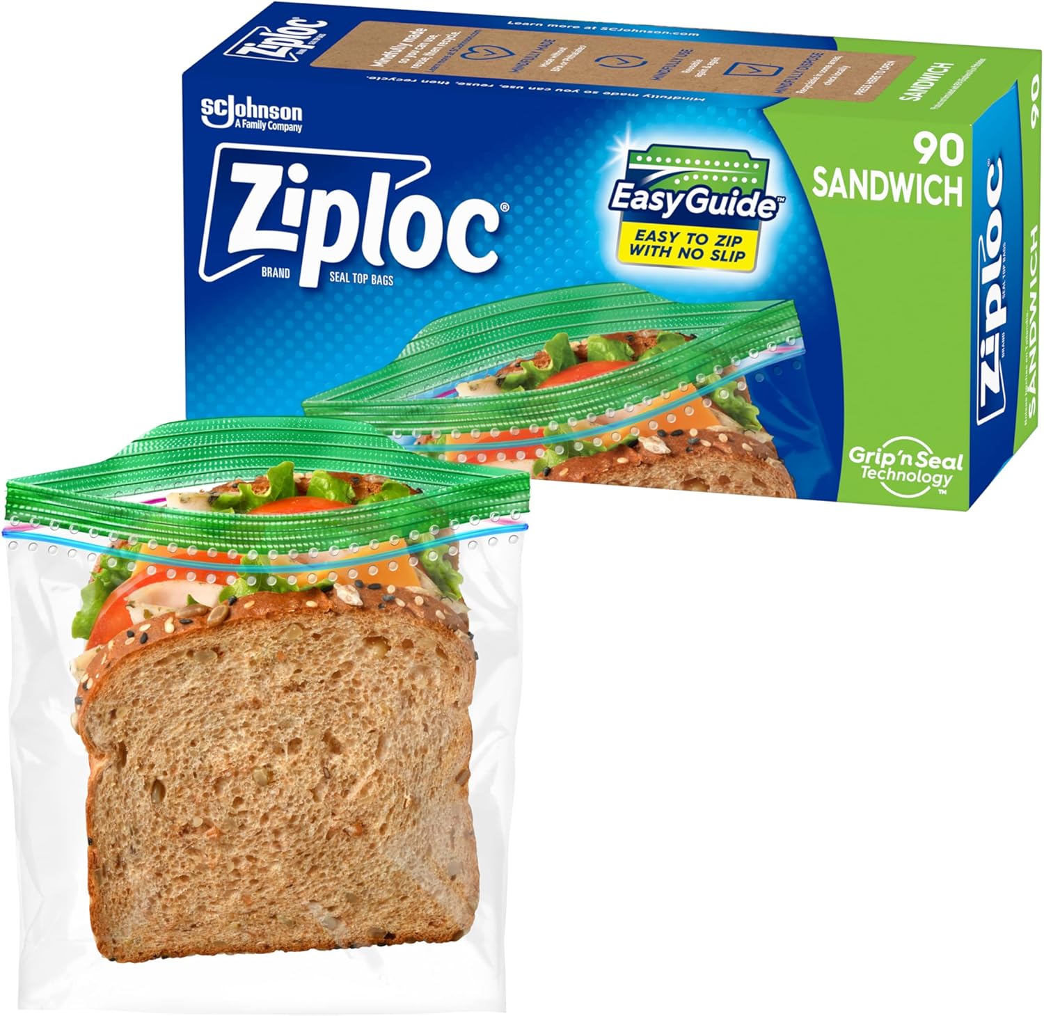 Ziploc Sandwich and Snack Bags 90 count box front view showing Grip n Seal technology