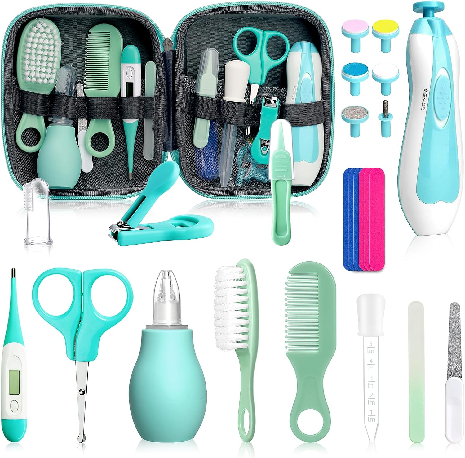 Qunlions Life 25 in 1 Baby Grooming Kit front view of green storage case