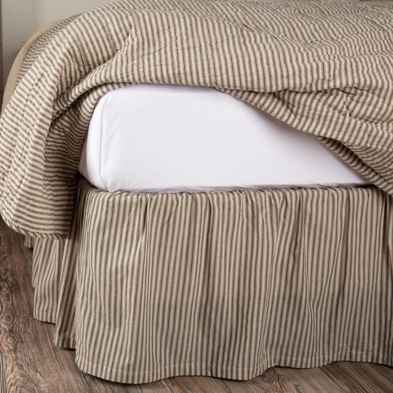 Vhc Brands Sawyer Mill charcoal ticking stripe king bed skirt front view