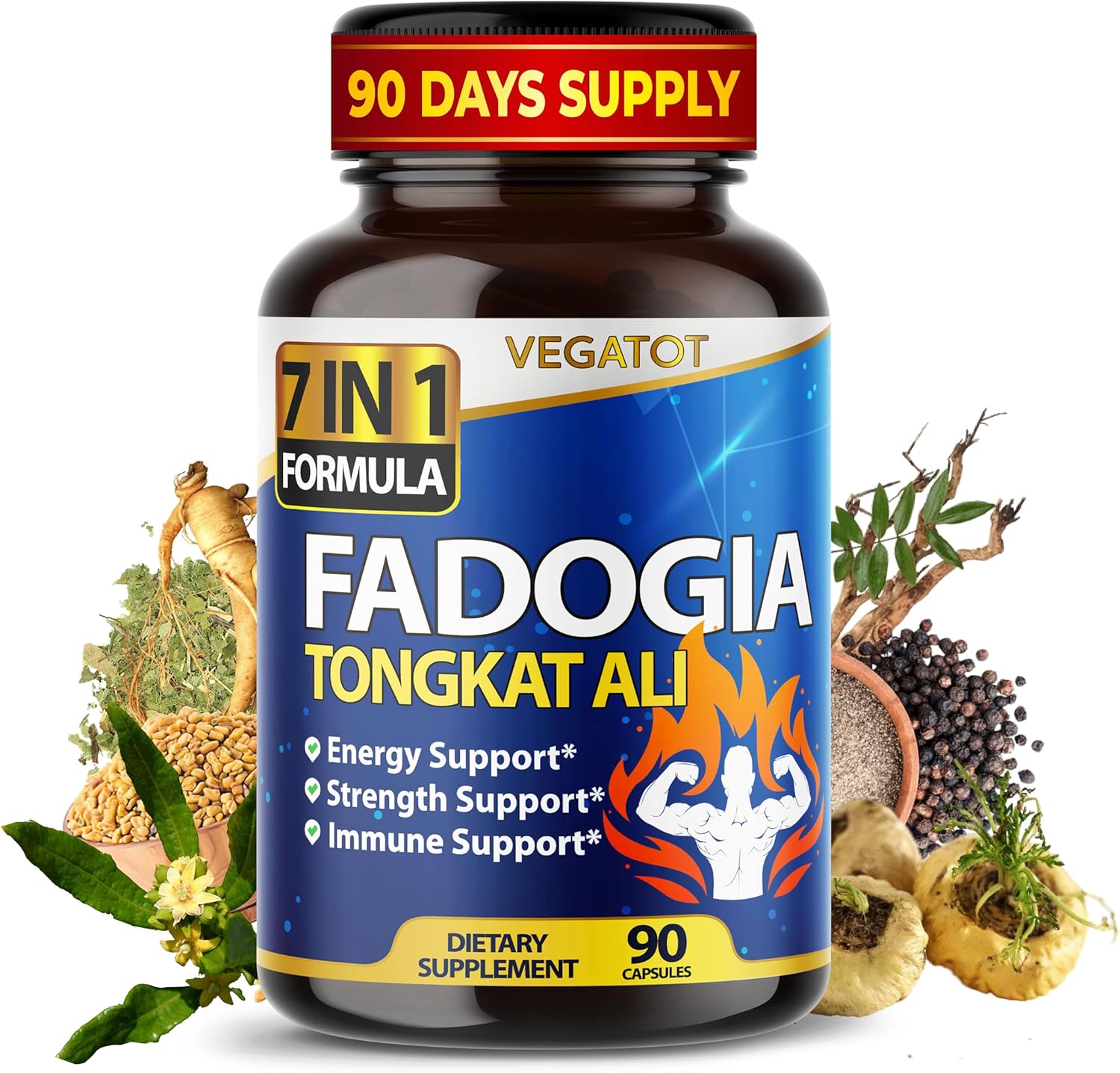 VEGATOT 7 in 1 High Strength Fadogia Concentrated with Tongkat Ali Maca Root Fenugreek Ginseng Boost Energy Stamina 3-Month Supply (90 Count (Pack of 1)) - Image 1