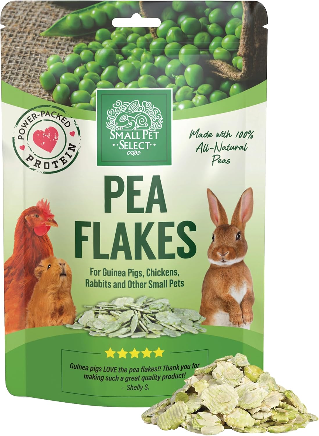 Small Pet Select Pea Flakes eight ounce front packaging view showcasing authentic small animal treats.