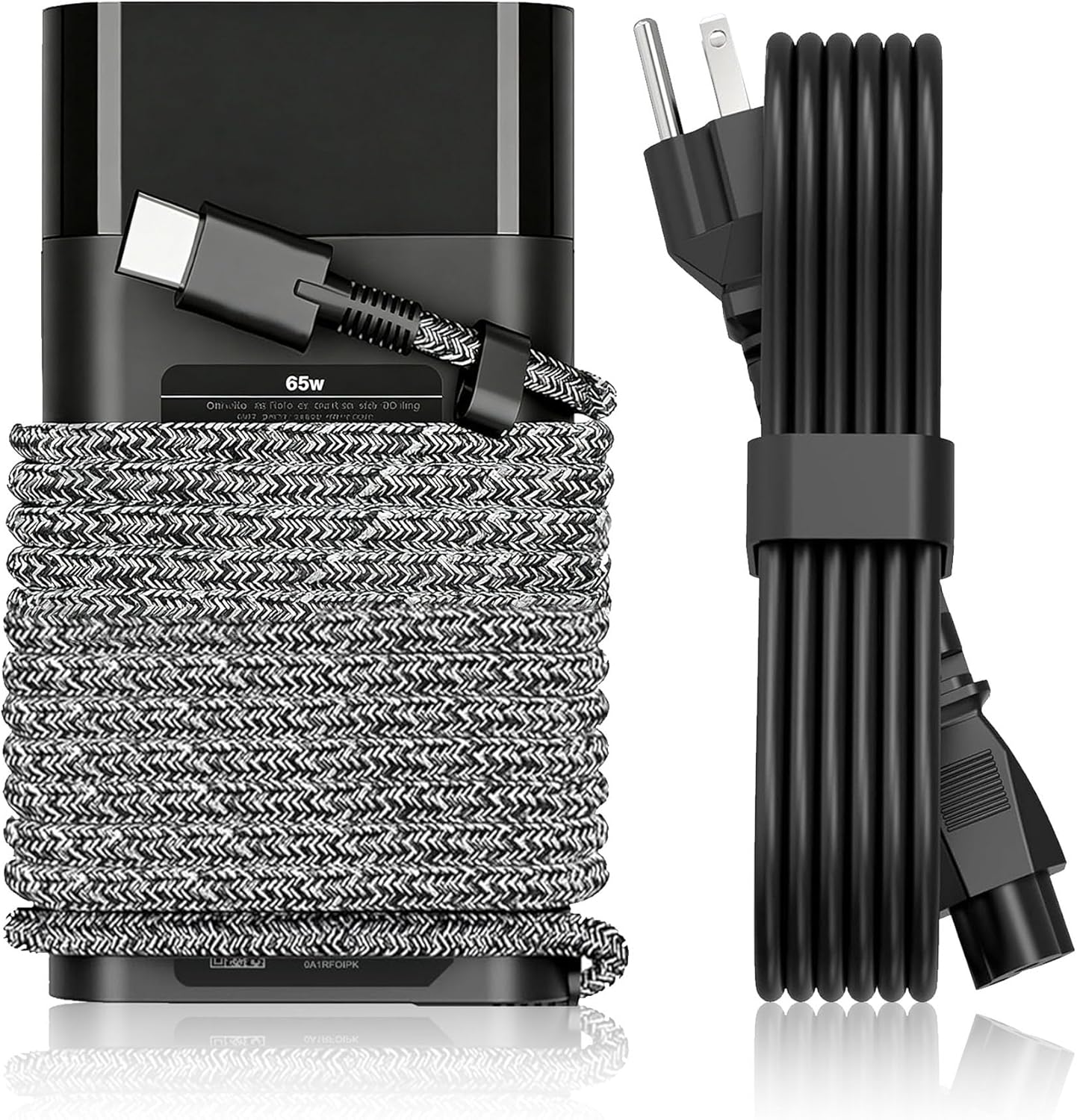 Clovia 65 Watt USB Type C laptop charger front view showcasing premium braided cable