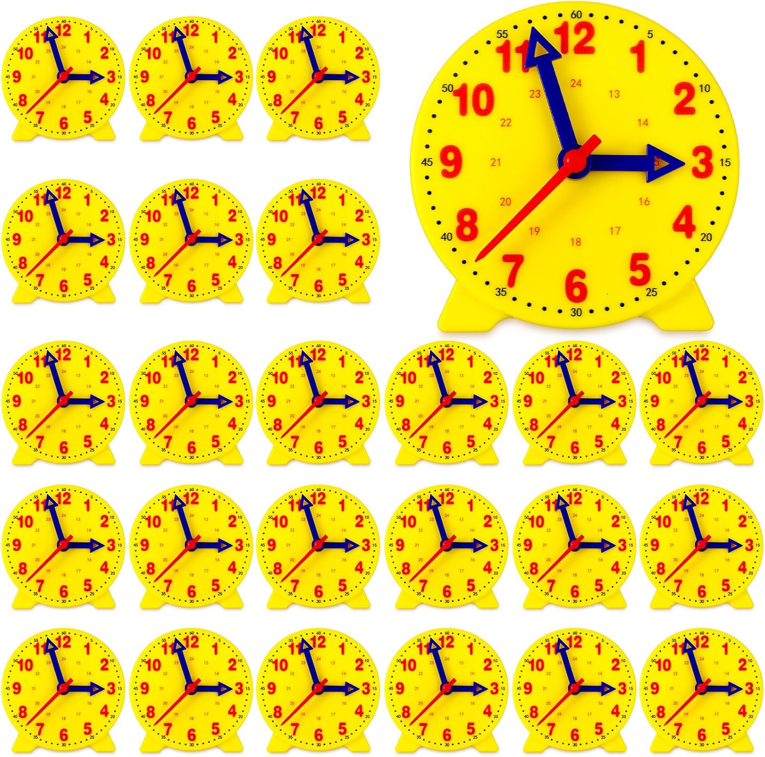Batiyeer twenty four pieces teaching clock kit front view showing yellow educational mini geared student clocks