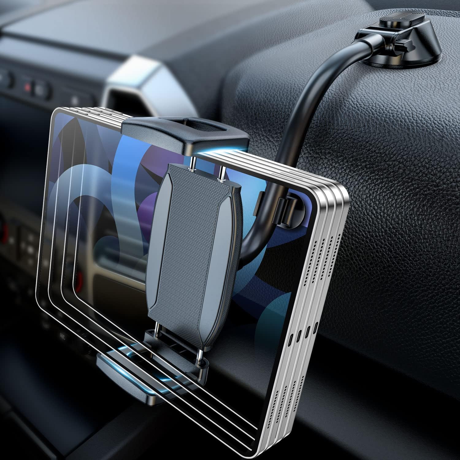 eSamcore car tablet mount front view installed on a car dashboard holding a large tablet screen.