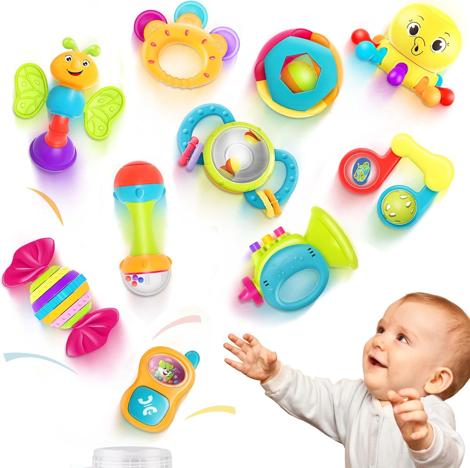 iPlay iLearn 10 Piece Baby Rattles Toys Set front view with multiple colorful infant sensory teethers displayed together.