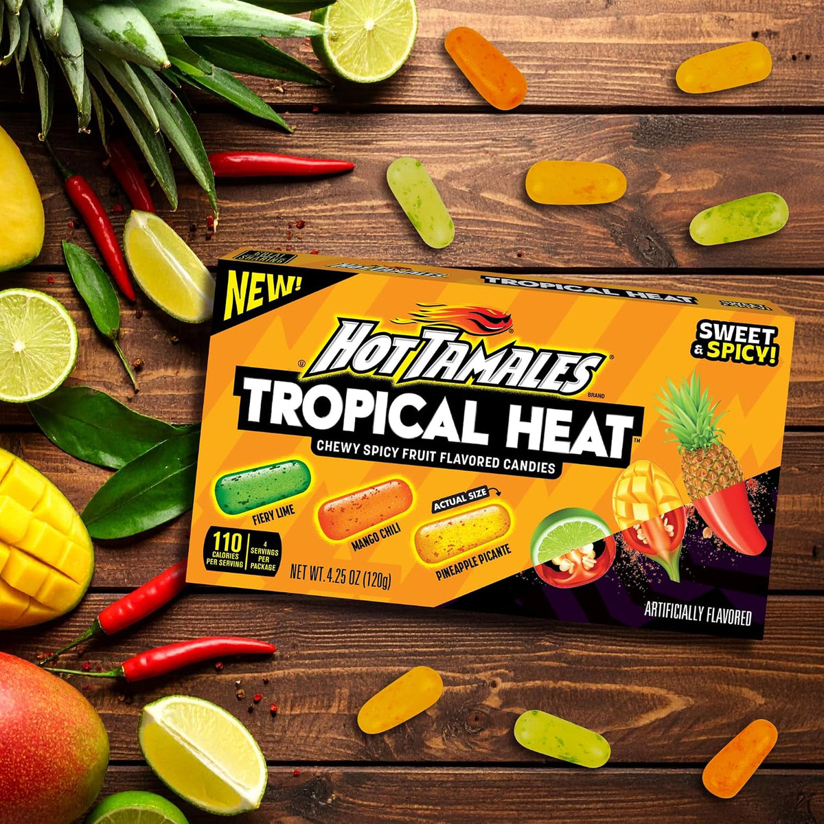 Side view of Hot Tamales Tropical Heat 12 count display