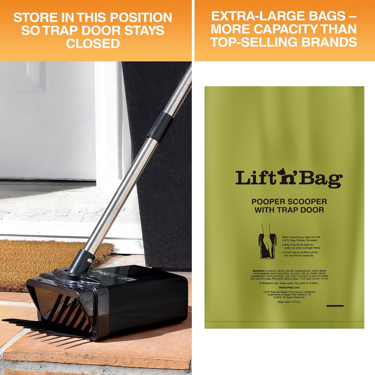 Neater Pet Brands long handle pet waste clean up tool on concrete pavement.