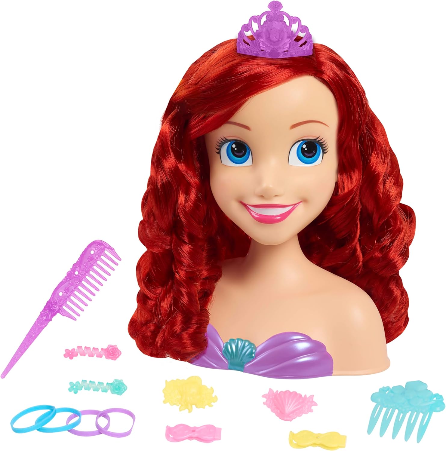 Disney Princess Ariel Styling Head front view with long red hair and tiara.