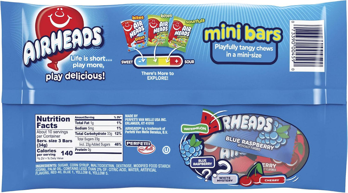 Airheads Blue Raspberry Cherry Watermelon and White Mystery mini bars display