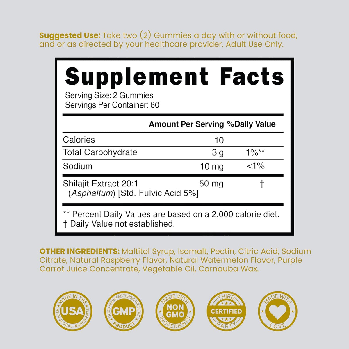 Dorado Nutrition Shilajit Gummies Made in USA label