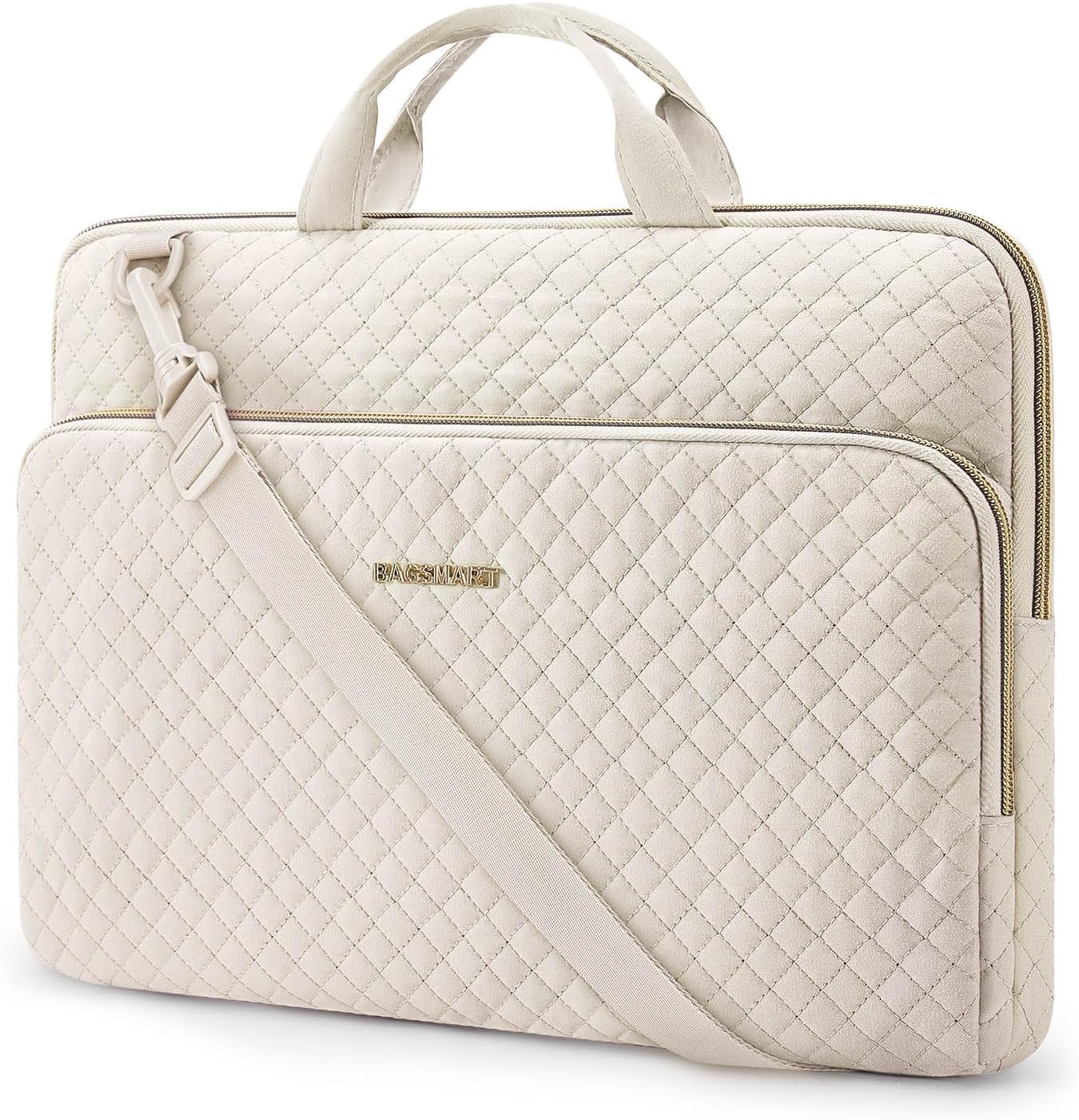 Bagsmart 15.6 inch laptop shoulder bag front view in beige color showing quilted pattern texture