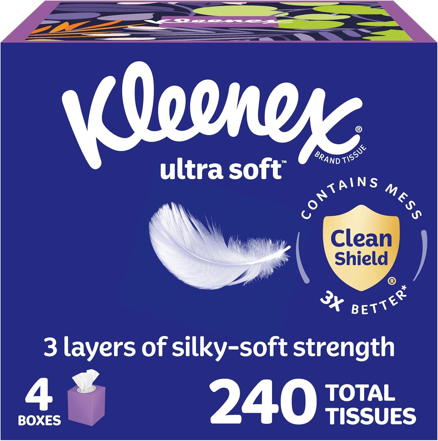 Kleenex Ultra Soft Facial Tissues 4-pack cube boxes front view soft 3-ply tissue