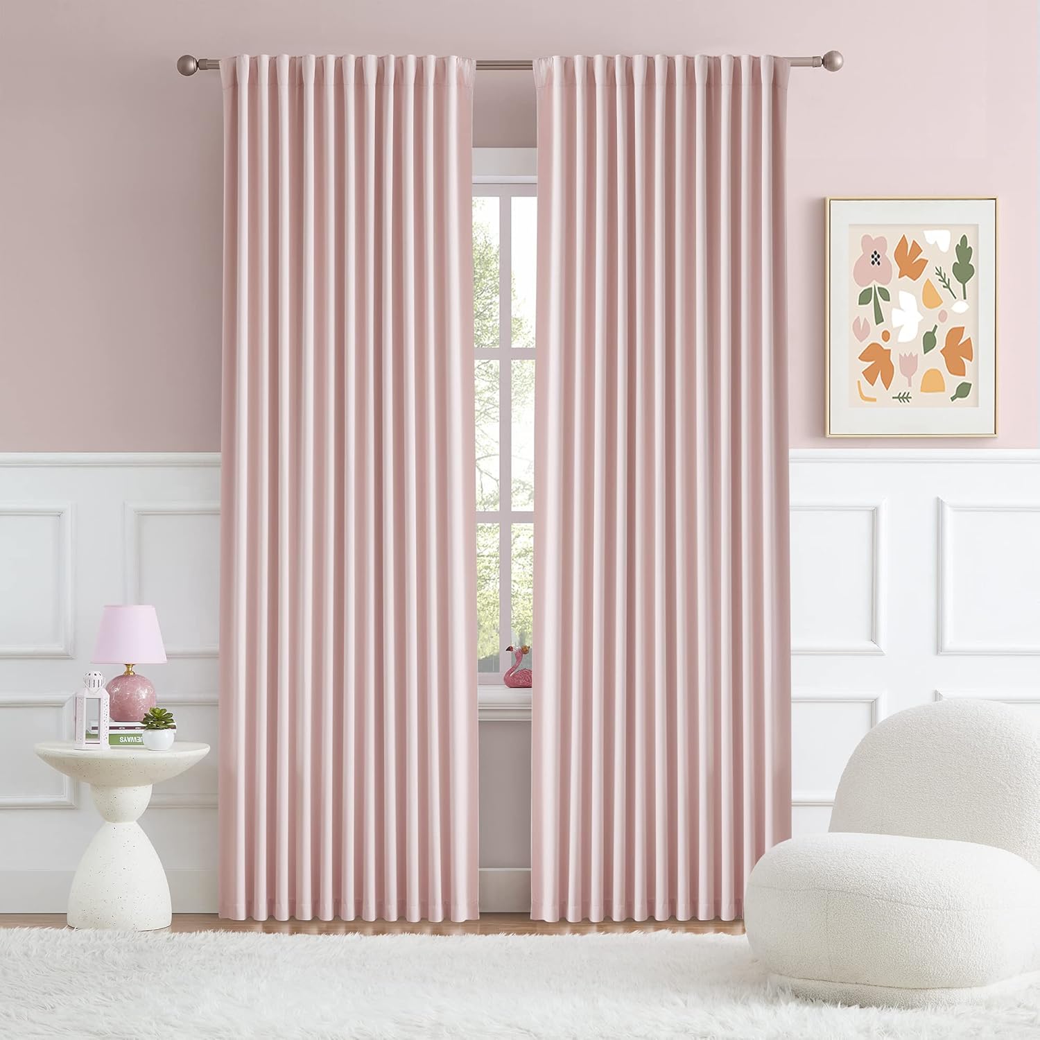 DUALIFE Baby Pink Room Darkening Curtains front view hanging in a girls bedroom