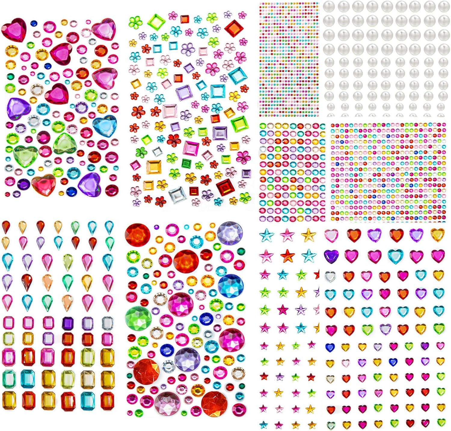 DOCLWF 2774 pieces gem stickers front view showcasing various colorful sheets of self adhesive rhinestones for craft projects.