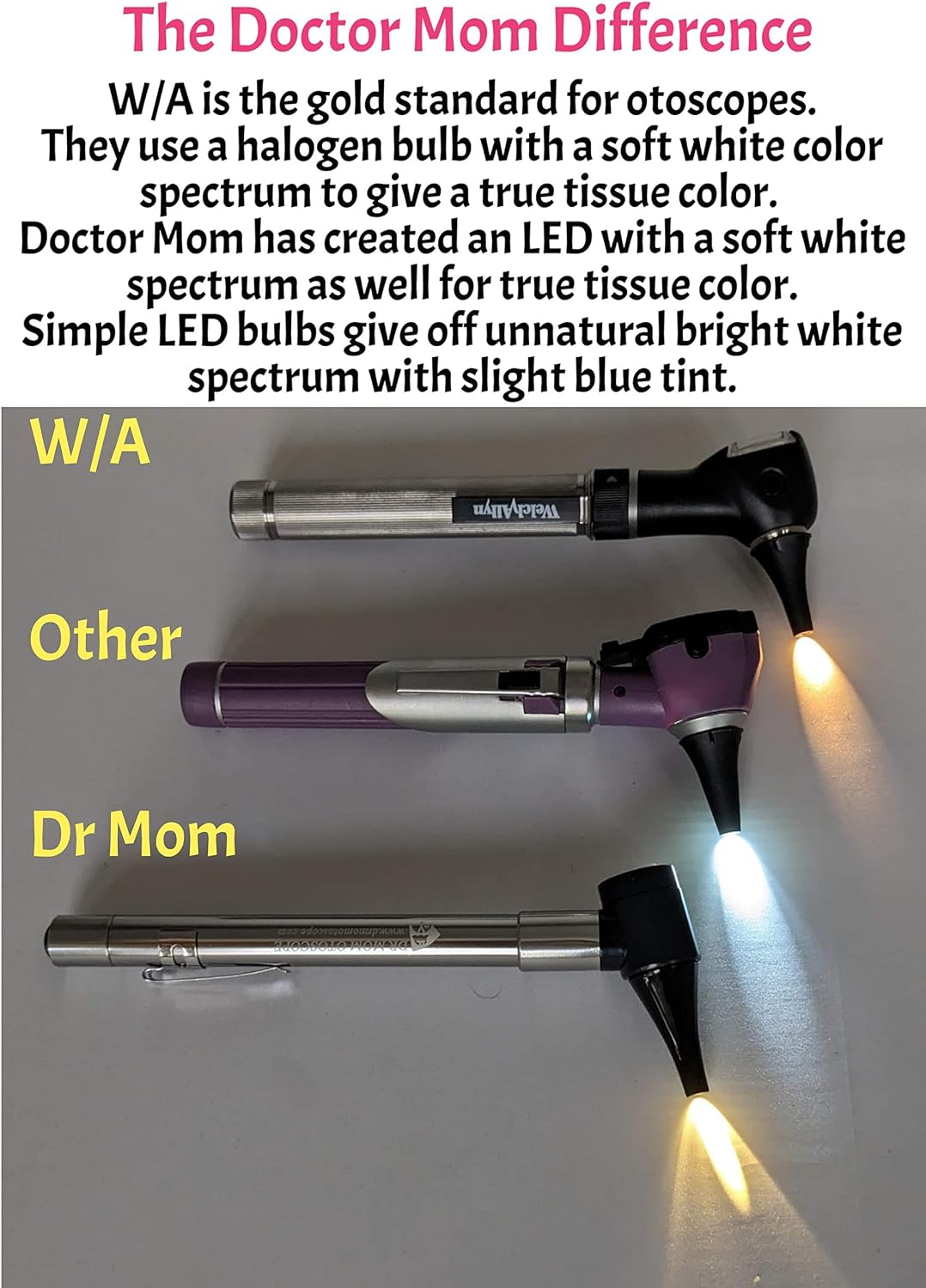 Close-up of Doctor Mom slimline LED otoscope pen light module.