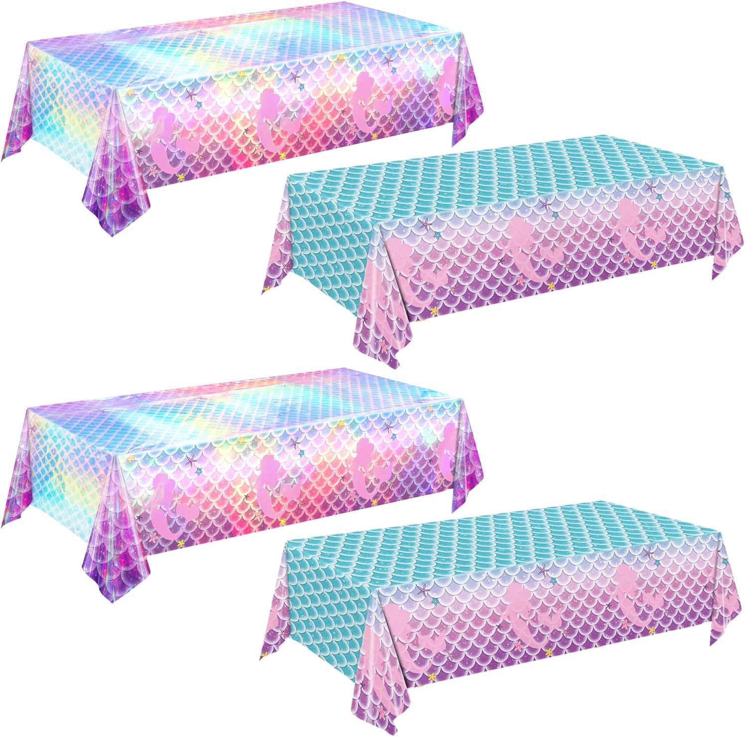 NKPDAXM mermaid tablecloth 4 pack front view showcasing shiny fish scale patterns for birthday decorations.