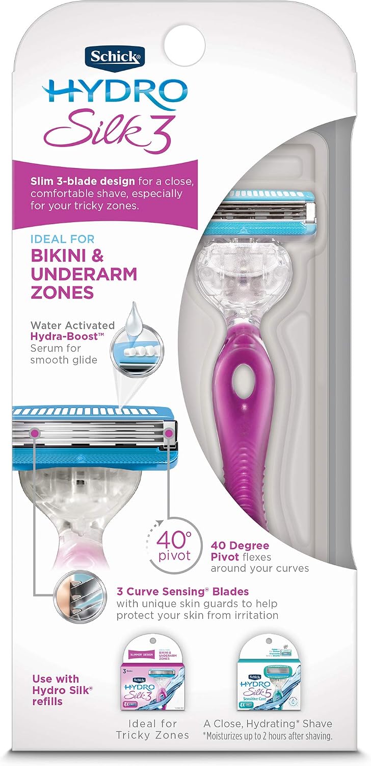 Schick Hydro Silk 3 razor handle and blade refills layout