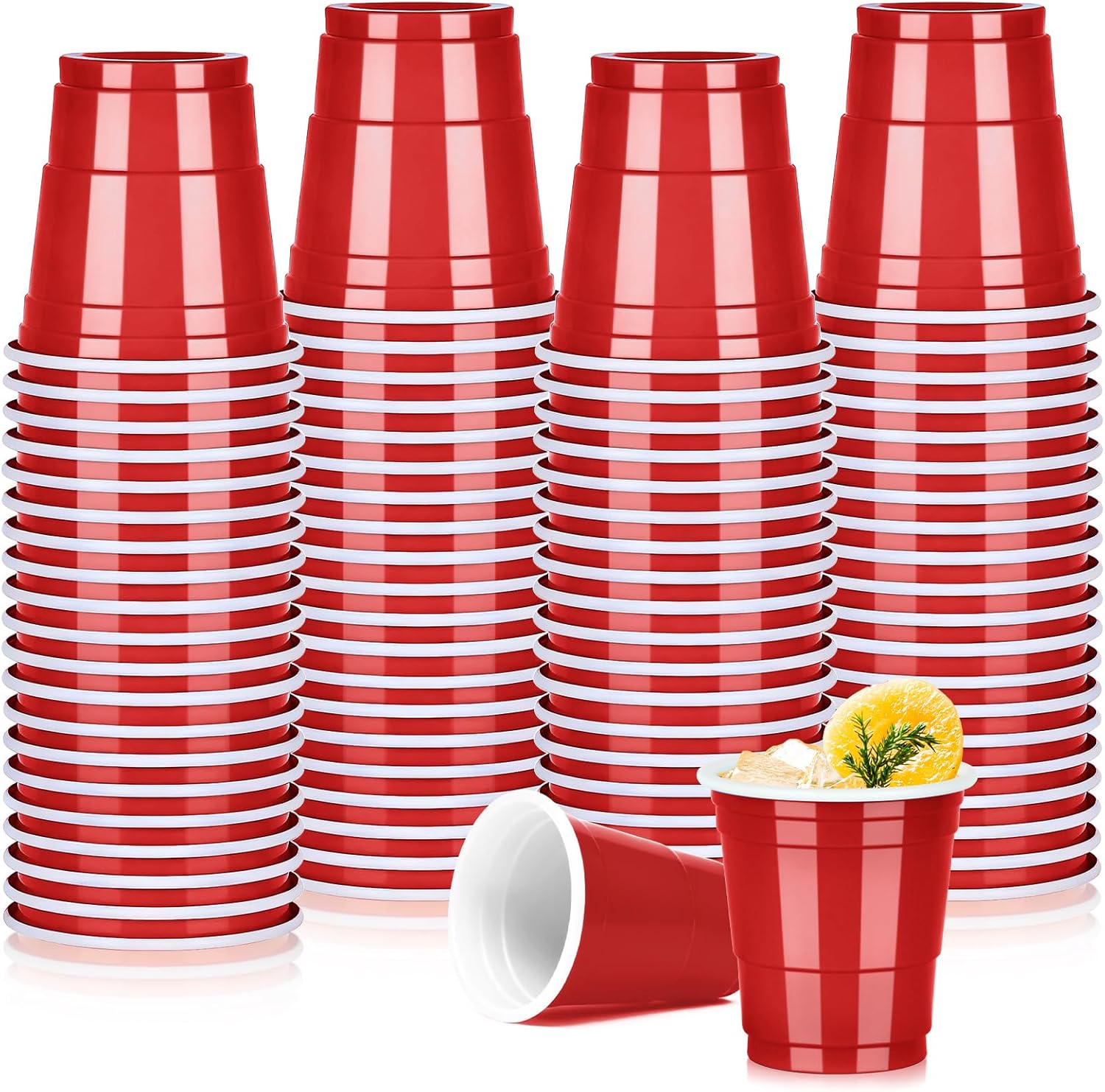 Pineburg 100 pack red plastic shot cups front view for party planning.