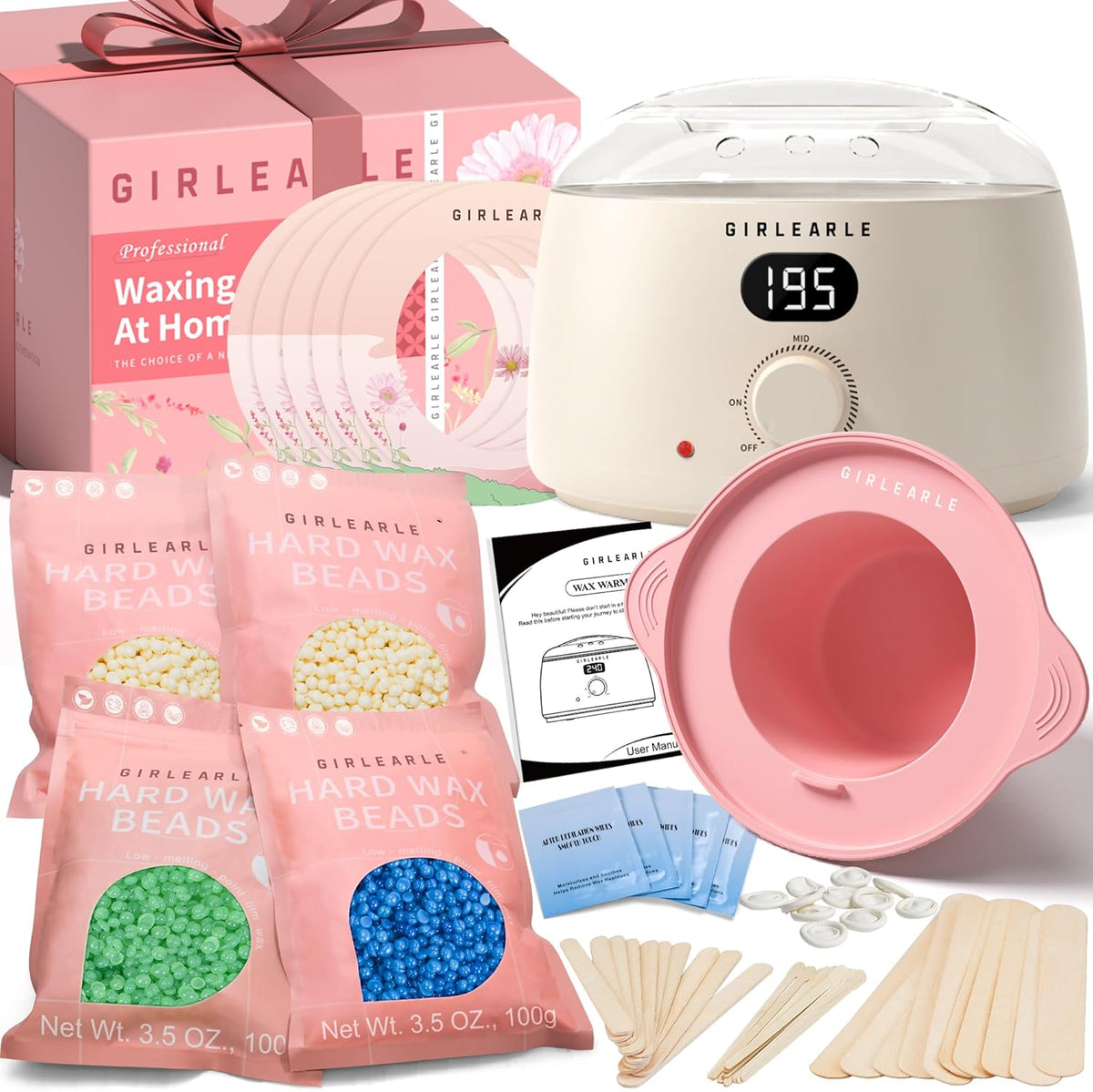 GIRLEARLE premium digital waxing kit front view showcasing the white wax warmer with LED screen