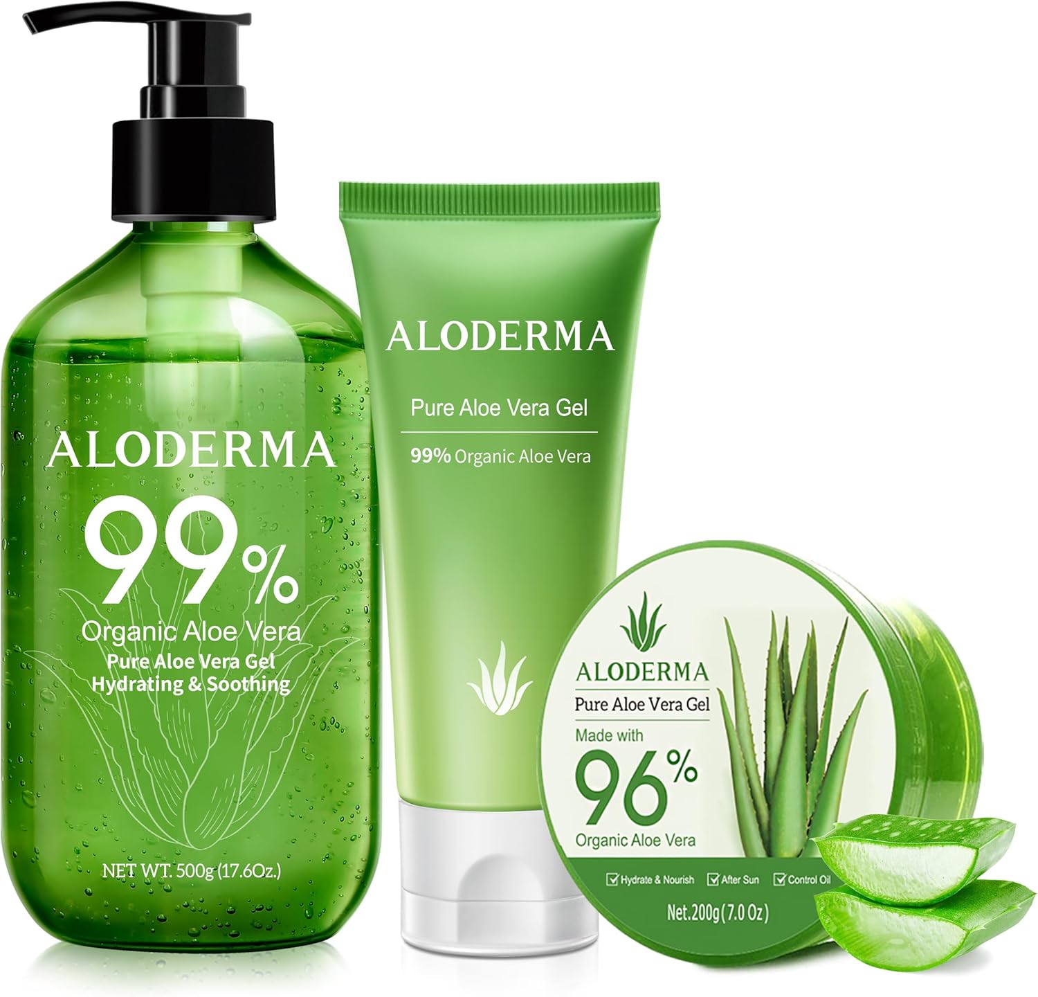 Aloderma Aloe Vera Gel Set front view showcasing three organic skincare bottles
