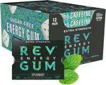 REV energy gum spearmint green packaging highlighting one hundred milligrams caffeine strength