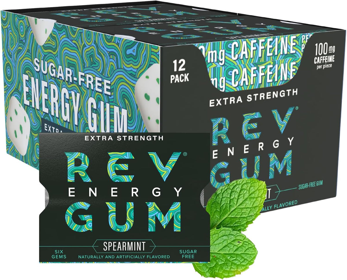 REV energy gum spearmint green packaging highlighting one hundred milligrams caffeine strength