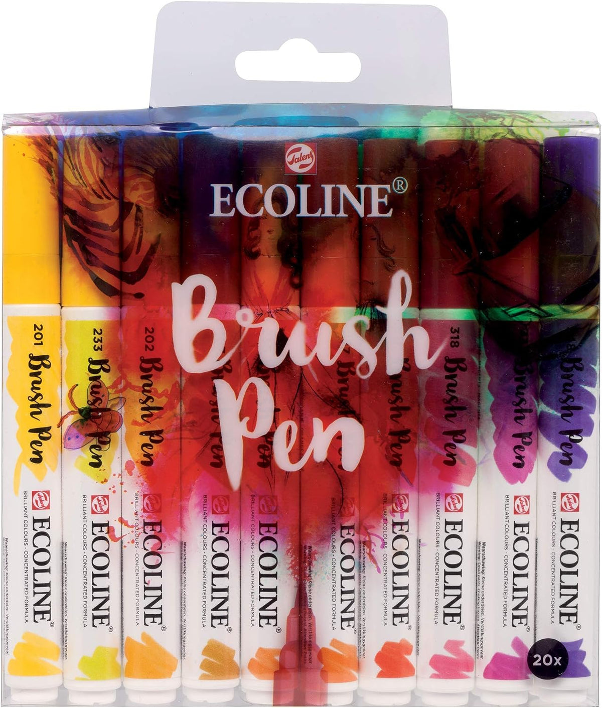 Ecoline Royal Talens liquid watercolor brush pen set front view with assorted colors