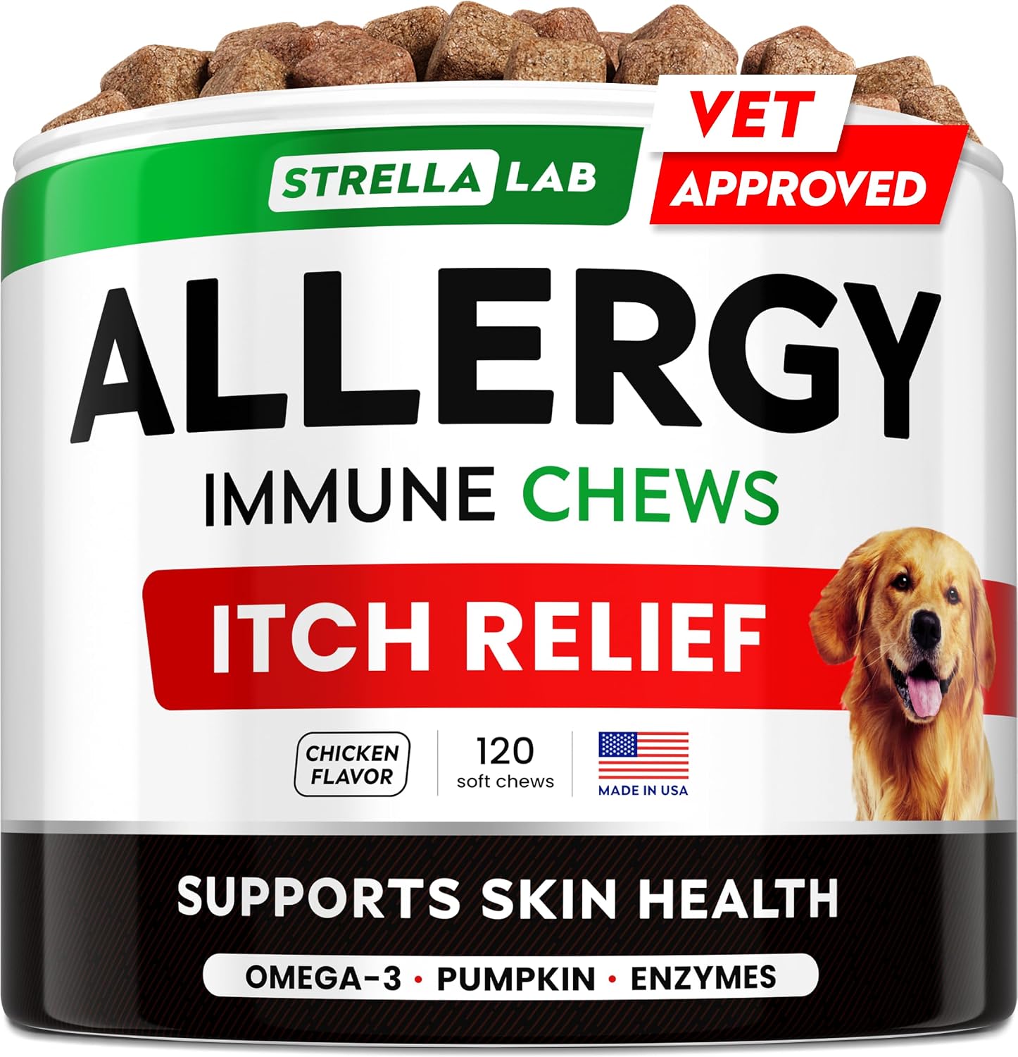StrellaLab Dog Allergy Relief And Anti Itch Support Chews front view of container