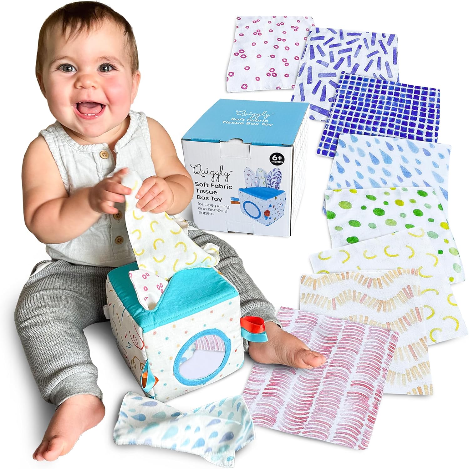 Quiggly Soft Fabric Tissue Box Toy front view showcasing colorful sensory cloths for infants