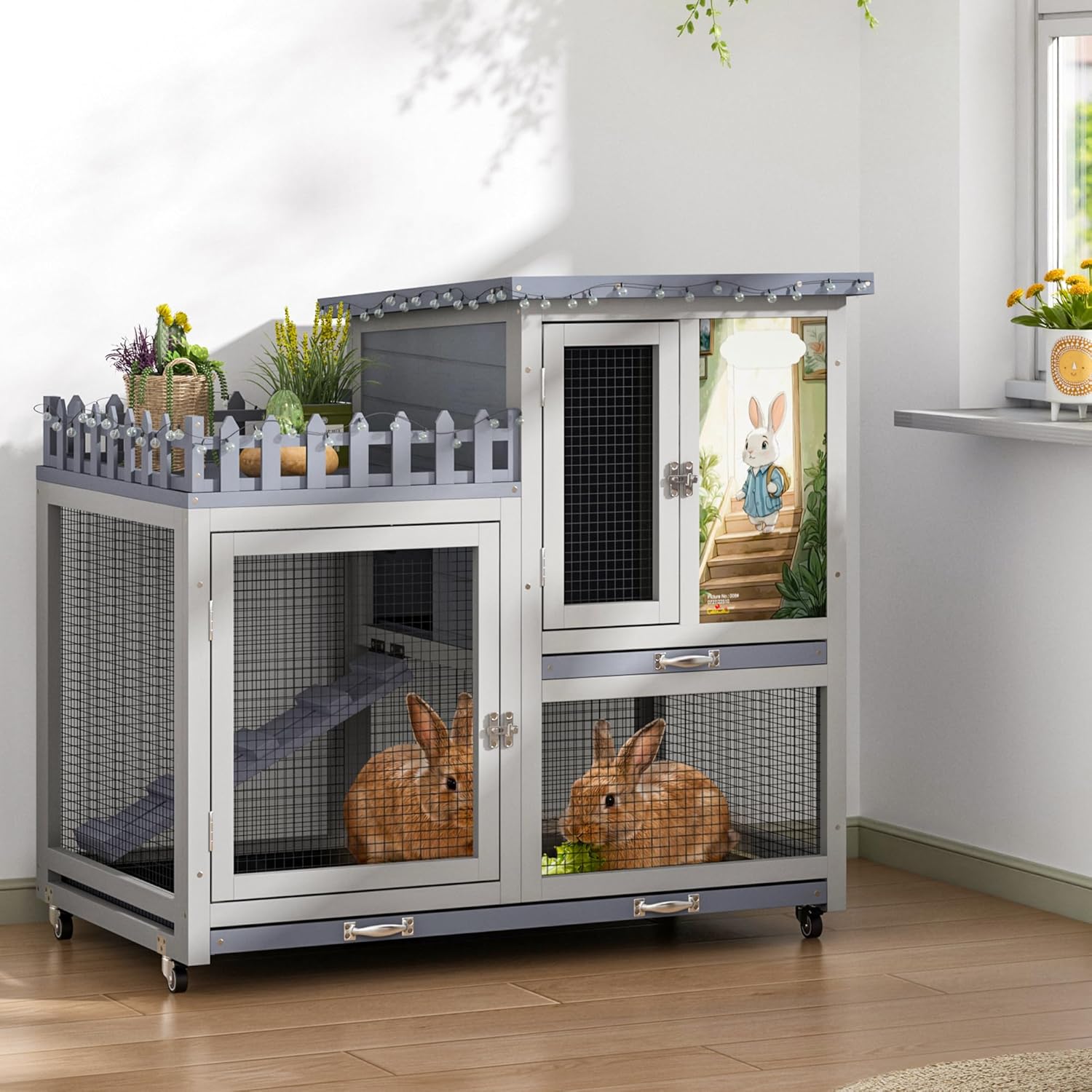 Wood Rabbit Hutch with Balcony - Small Animal House Bunny Cage on Wheels for Indoor Outdoor, Rabbit Cage Included Ramp, Pull Out Tray, (Grey with Pattern) - Image 1