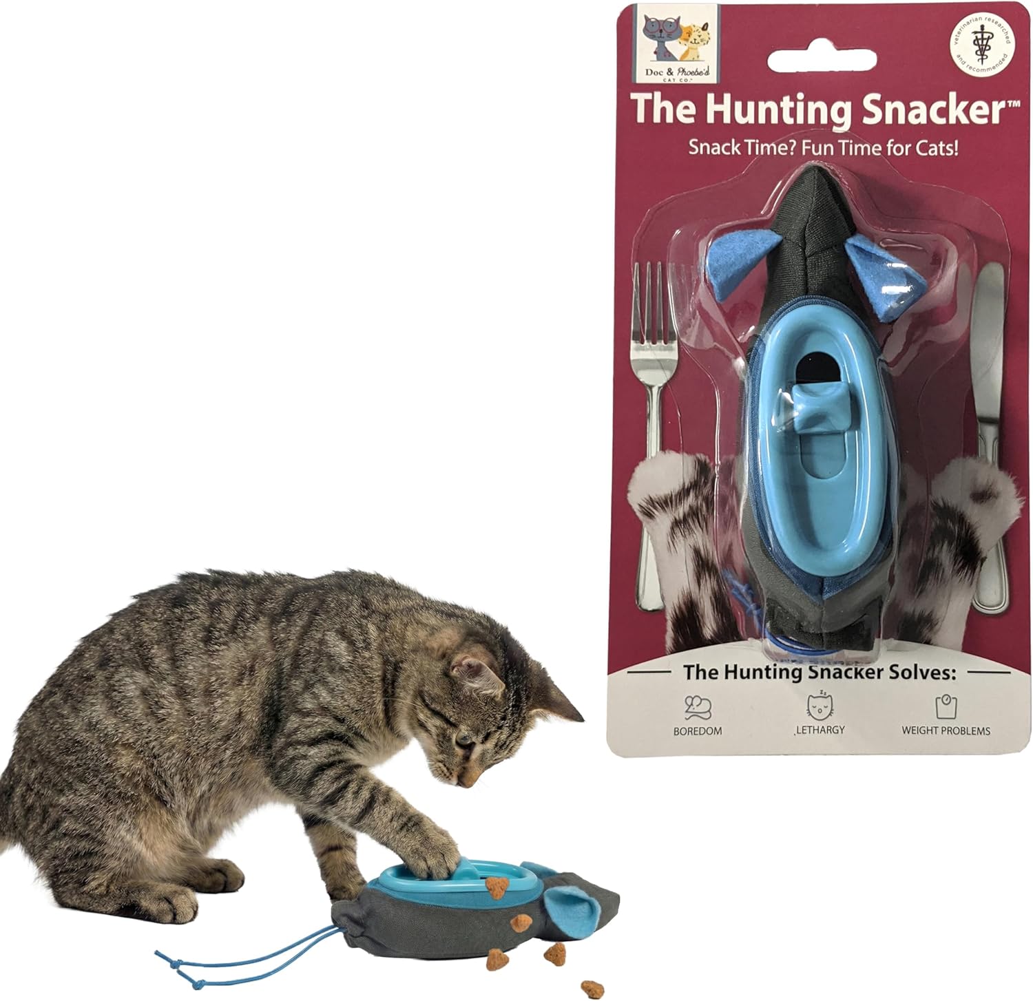 SPOT Doc and Phoebe's Cat Hunting Snacker front view showing mouse fabric pouch