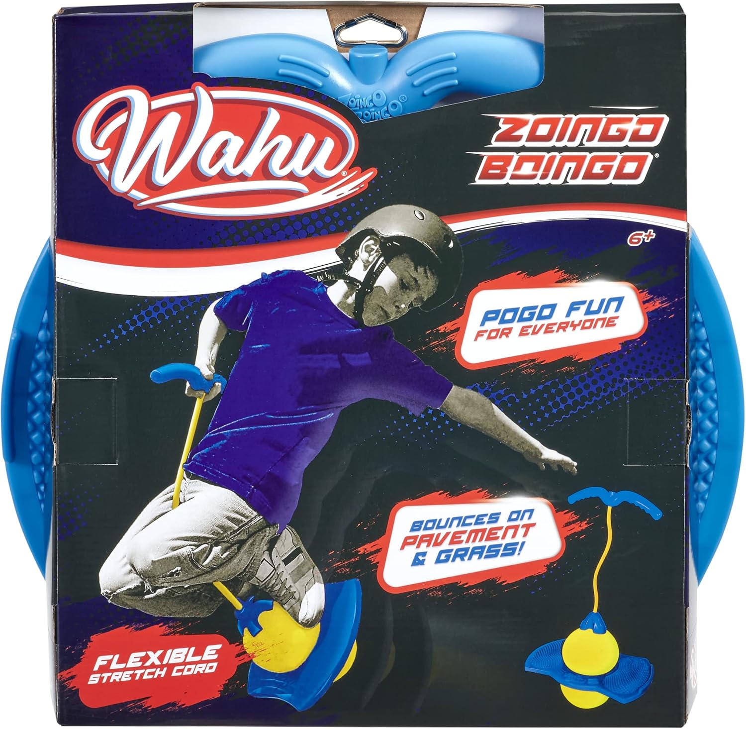 Wahu Zoingo Boingo freestyle pogo ball front view highlighting blue base and yellow ball for outdoor kids fitness.