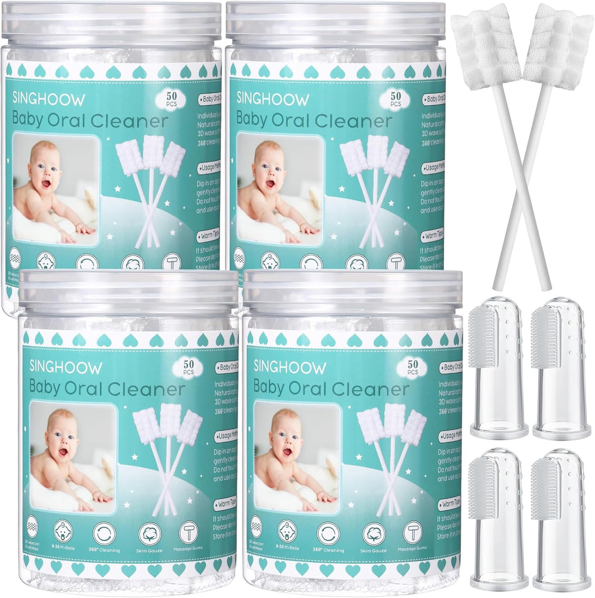 Singhoow Baby Tongue Cleaner set front view featuring 200 disposable gauze swabs.