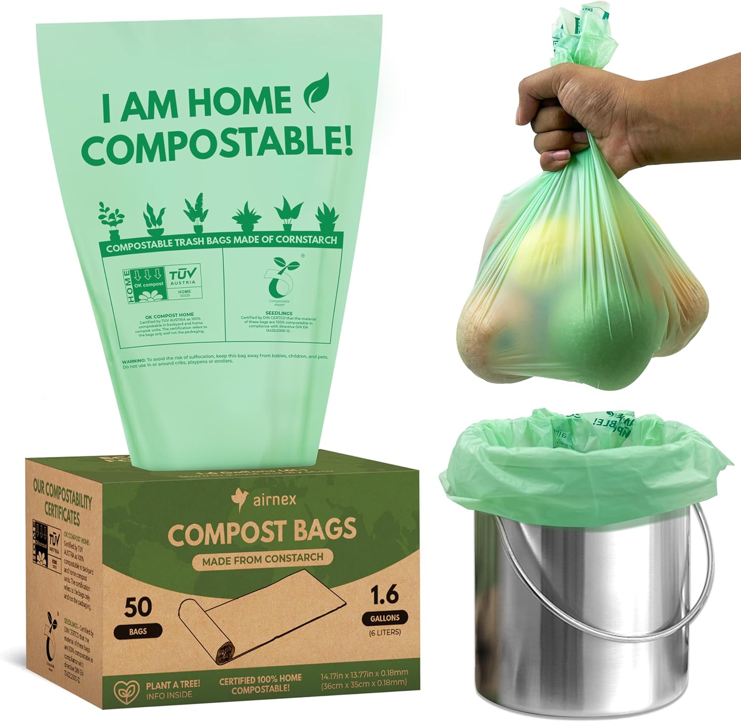 AIRNEX compostable trash bags small one point six gallon pack front view showcasing green dispenser box.