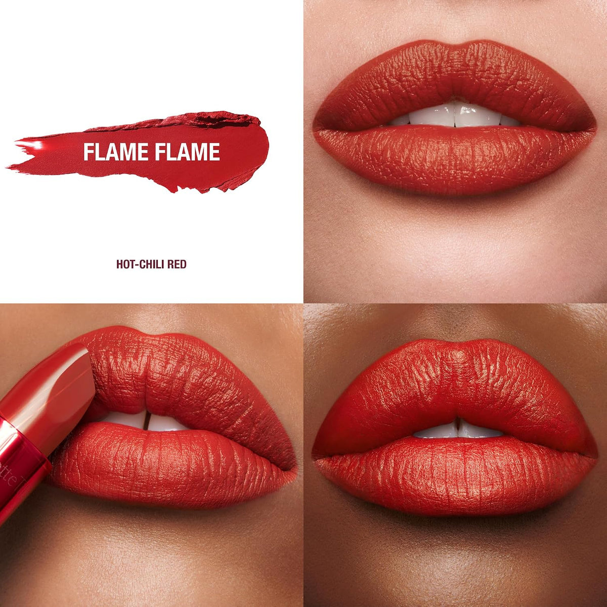 Close up view of Charlotte Tilbury Hollywood Beauty Icon matte lipstick showing the precision angled square tip.