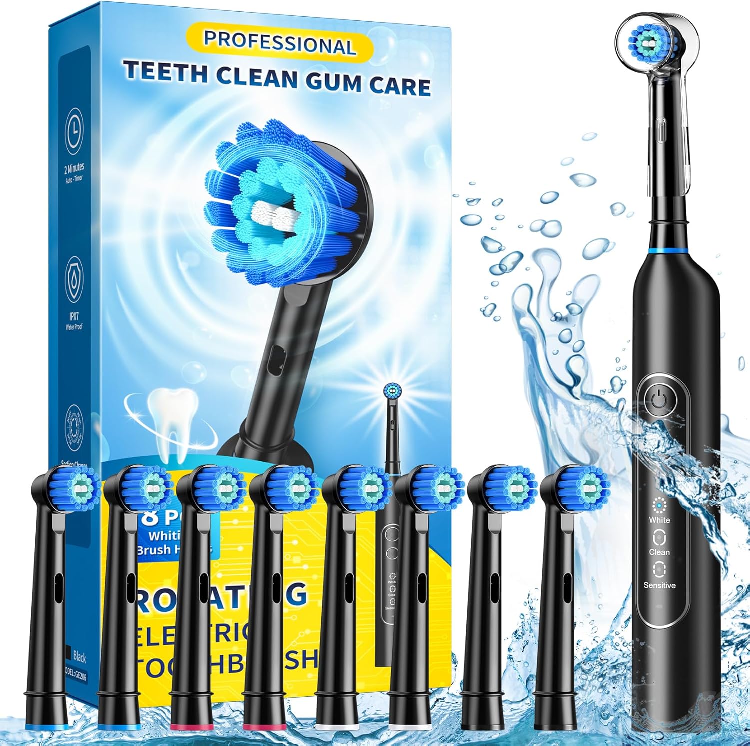 TEETHEORY rotating electric toothbrush front view showing sleek black handle and premium bristles for advanced plaque removal.