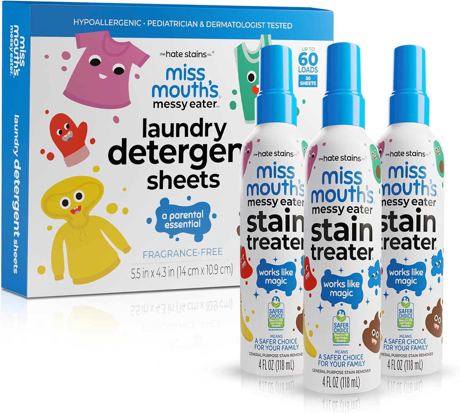 Miss Mouth's Messy Eater Stain Treater Stain & Suds Duo Pack - 3 Pack Spray and 30 Pack Detergent Sheet bundle - Newborn & Baby Essentials - Food, Grease, Coffee Off Laundry, Underwear, Fabric - Image 1