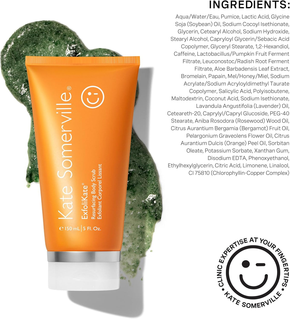 Premium skincare routine featuring Kate Somerville exfoliating body wash product