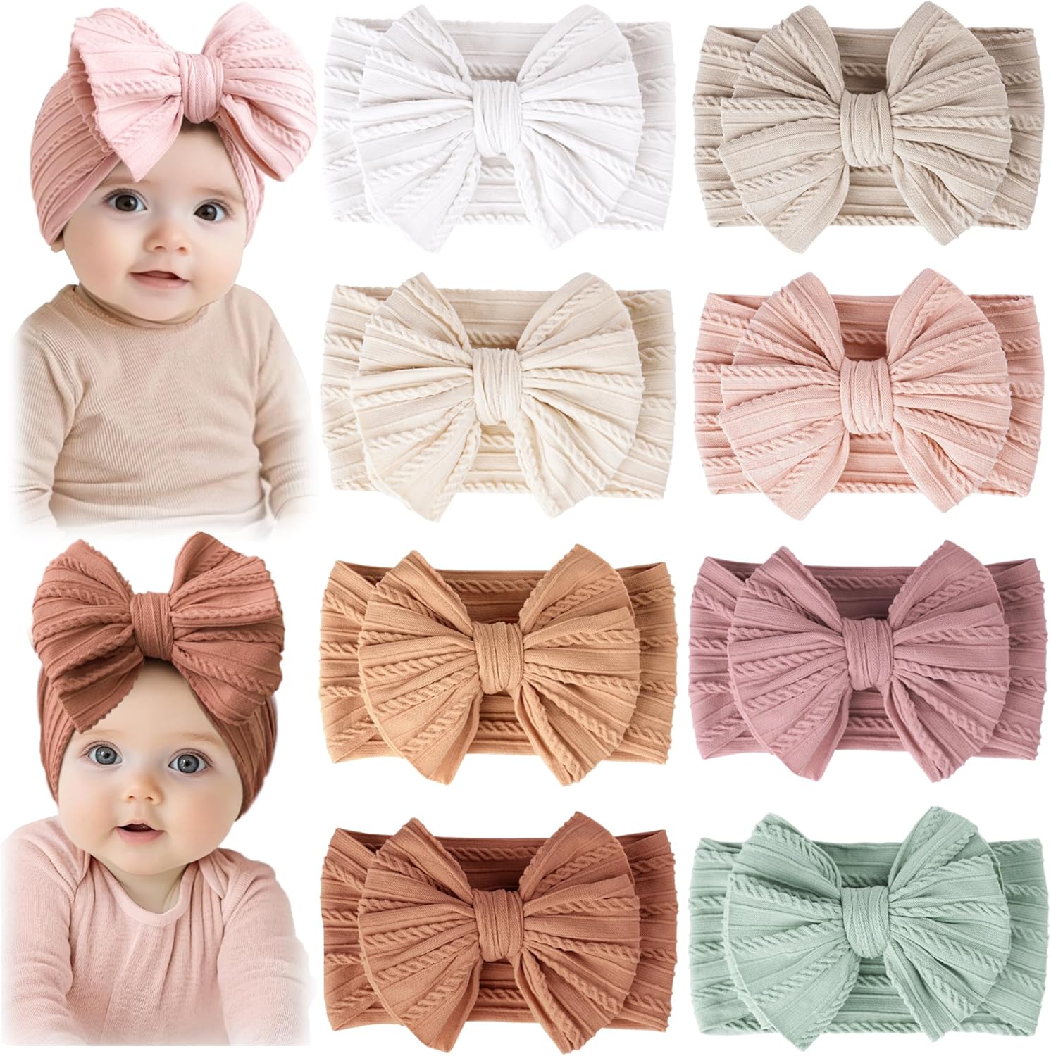 Prohouse 8 pack baby headbands front view showcasing bow variety